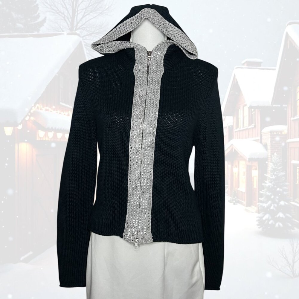 Boston Proper Women's M Black Cotton Knit Hoodie Sweater Sequin Zip Y2K Office